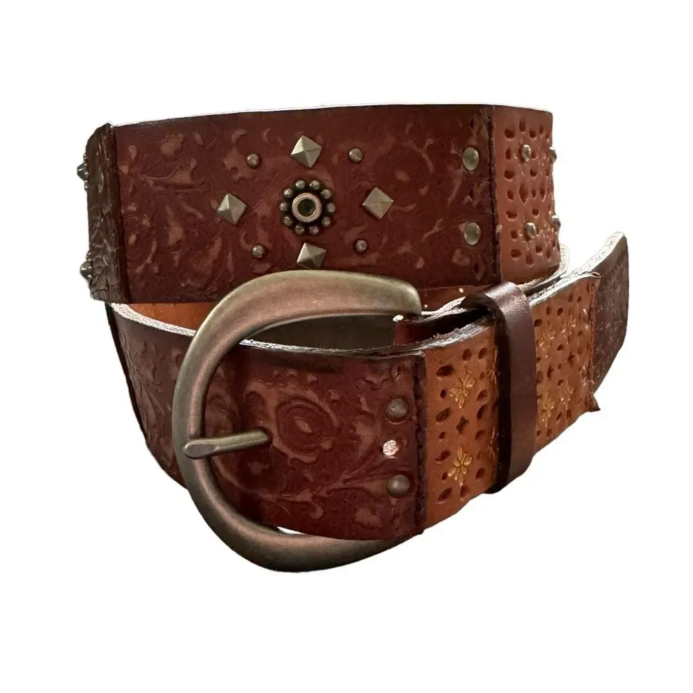Fossil Patchwork Tooled Leather Belt Boho Hippie Brown